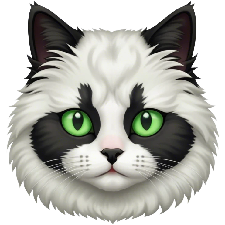 This fluffy cat has a black and white coat with a white face marked by a black patch over the forehead, bright green eyes, and a black nose bridge emoji