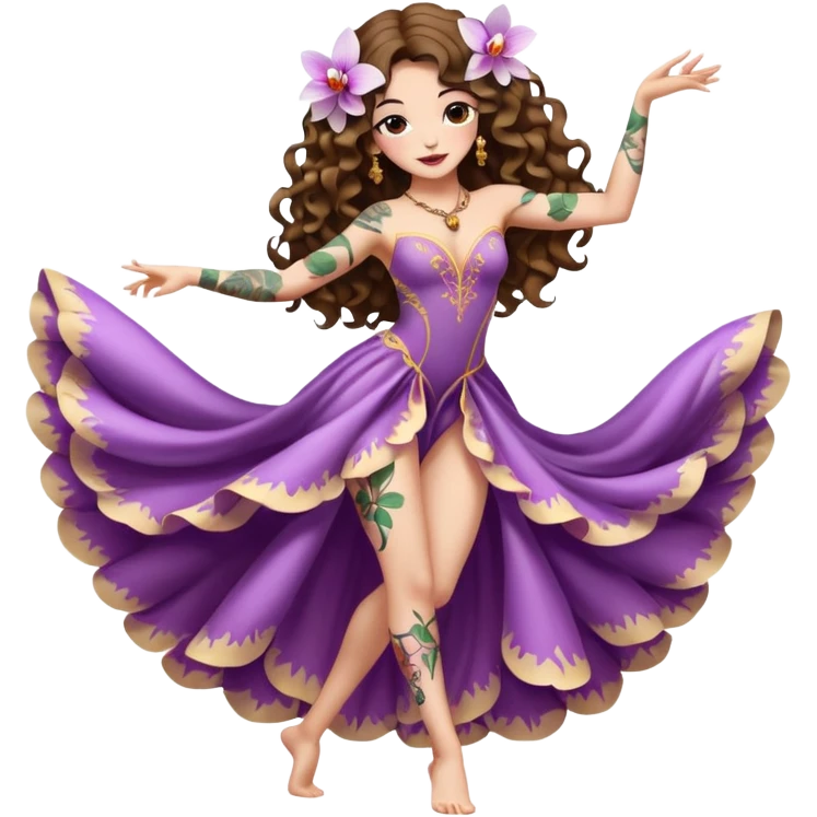 full body woman long curly brown hair brown eyes white skin tattoos wearing orchid petal dress, flower veil dancer pose, arched back, flirty pose emoji