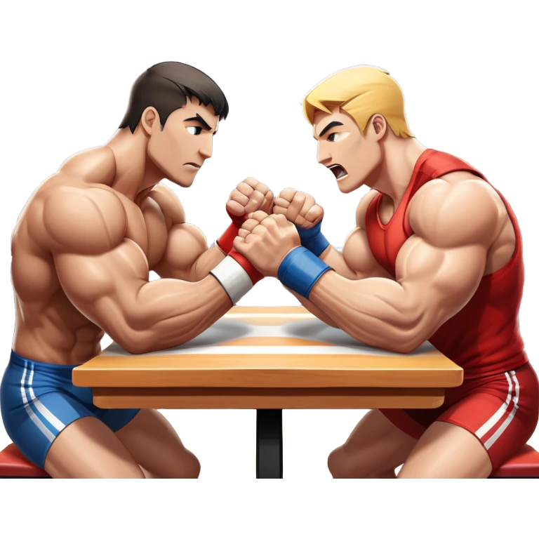 Two strong competitors locked in an intense arm wrestling match, muscles tensed as they battle for victory. The table is well-lit, showcasing their focused expressions and powerful arm grips. The background features a competitive arena with a cheering crowd. Transparent background. emoji