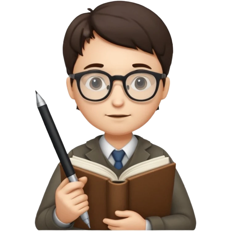 writer holding big pen in hand and closed book in other hand, wearing glasses emoji