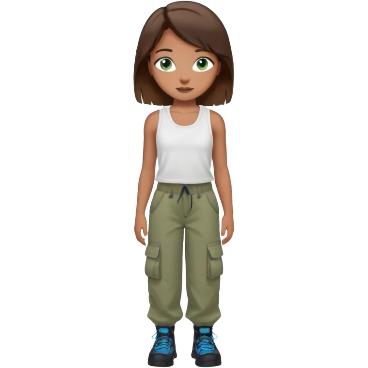 Girl with brown hair that looks black with blue like green eyes with beauty marks and braces wearing a white tanktop and baggy cargo pants emoji