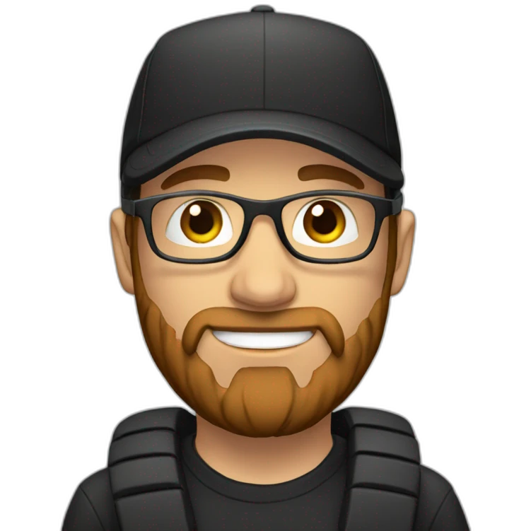 White male with headphones, clear glasses, black cap and brown beard emoji