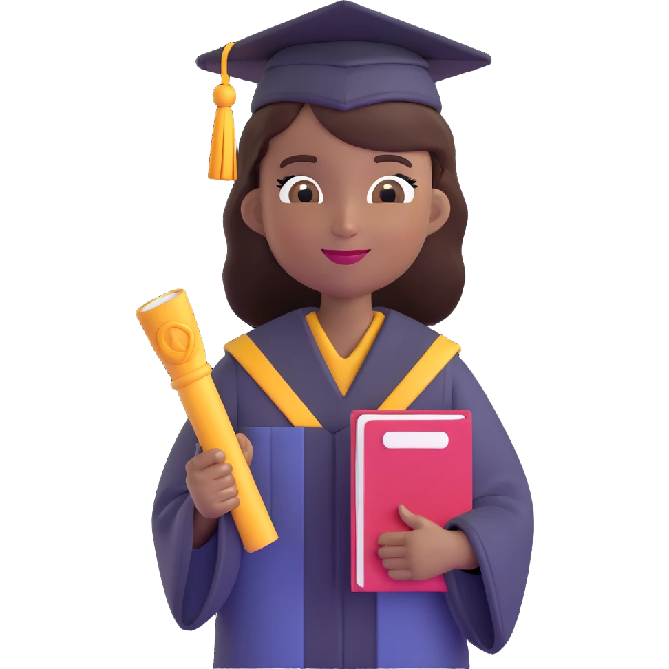African American female graduate emoji, holding diploma, wearing cap and gown emoji
