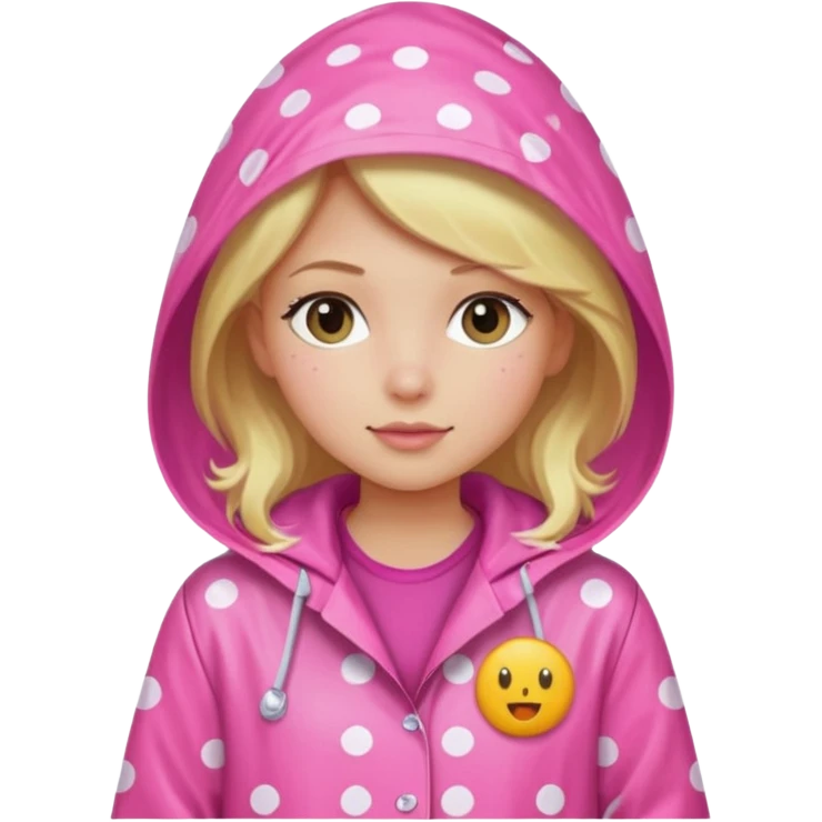 Blonde girl in a pink polka dot raincoat with hoodie emoji