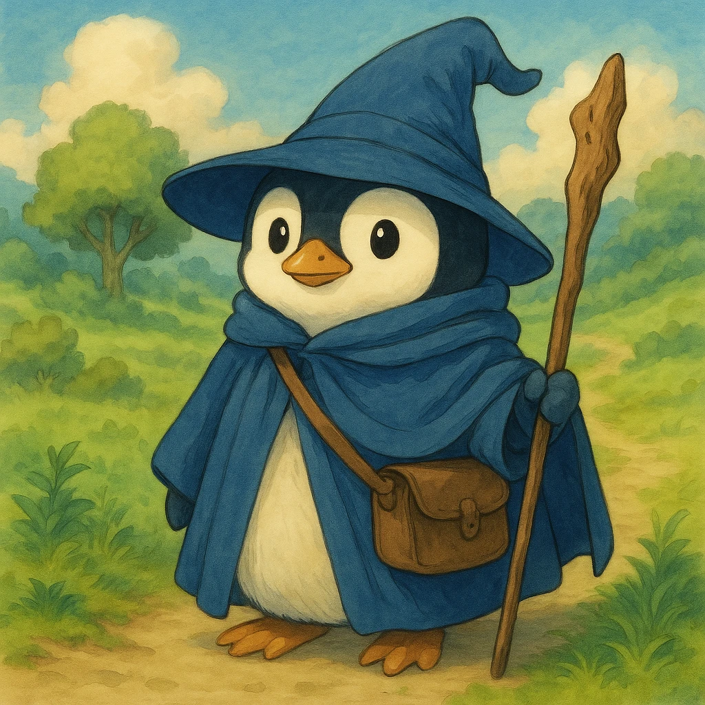 A penguin wizard holding a magic staff in ghibli style illustration emoji