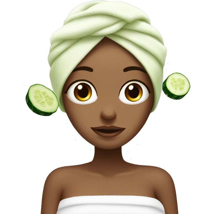 White girl in towel in her hair and slices of cucumber on her eyes, spa emoji