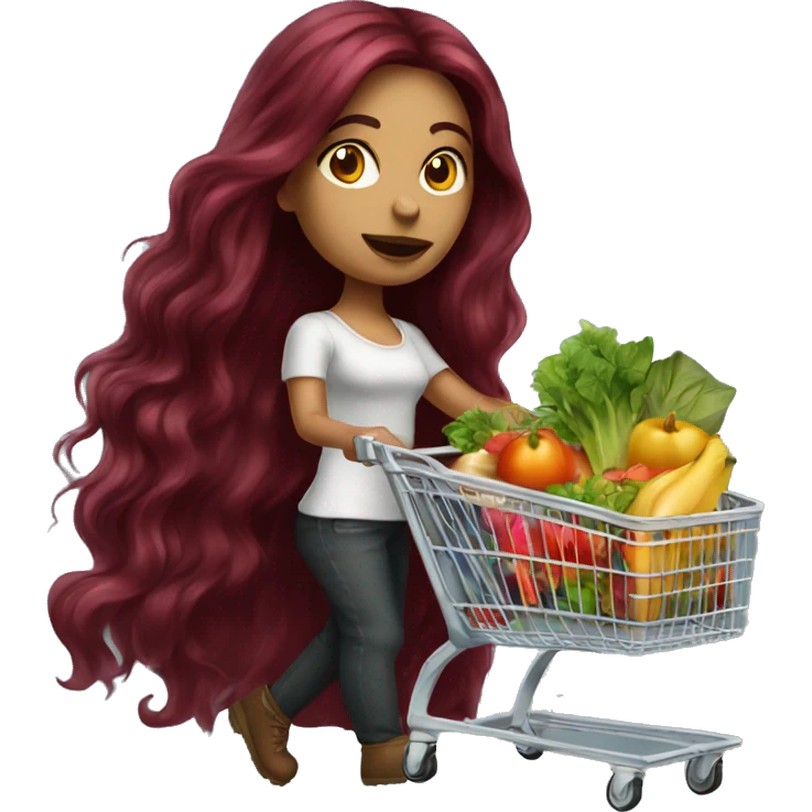 Beautiful tattooed burgundy long haired woman pushing shopping cart emoji