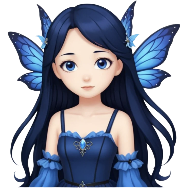 Gothic anime fairy with long beautiful black hair and dark blue dress, pastelcore, emoji