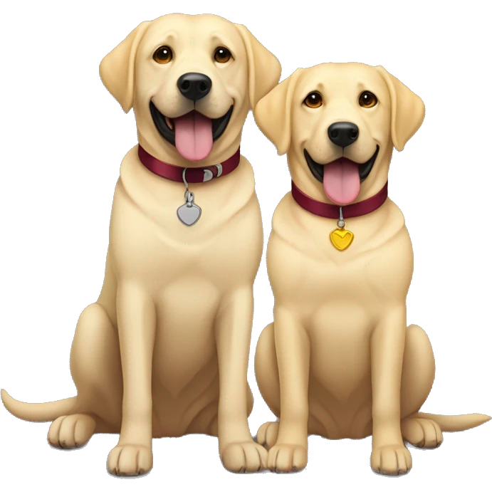 Two happy  Labradors, one black wearing a burgundy collar and one yellow Labradors wearing a beige collar emoji
