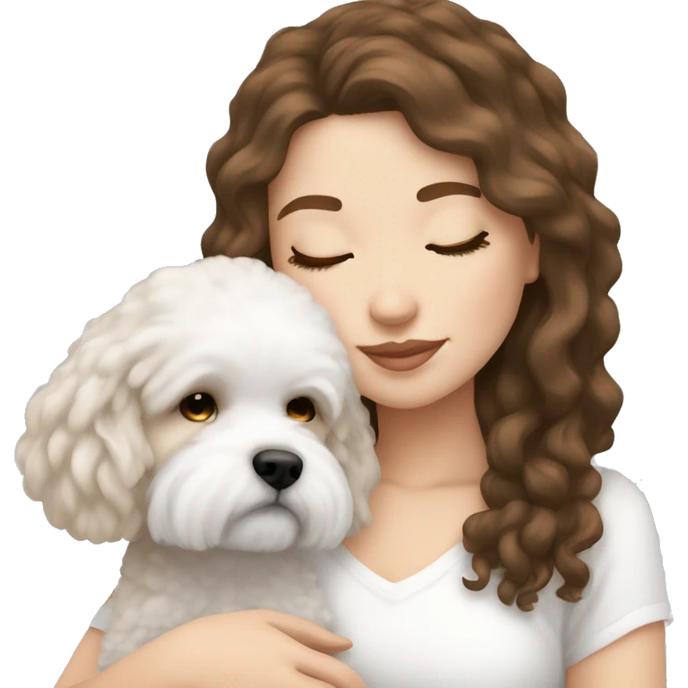 White girl brown hair sleeping with Mini Bichon emoji