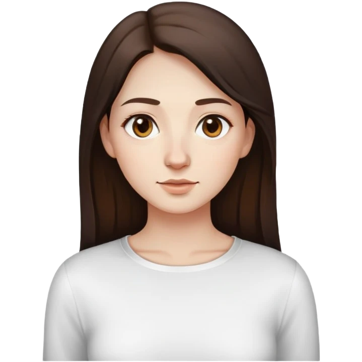 A woman with a round face, pale, light skin, big round nose, a white long sleeve shirt with a square shape cut in the t shirt near the neck area, and long dark brown hair and brown eyes  emoji