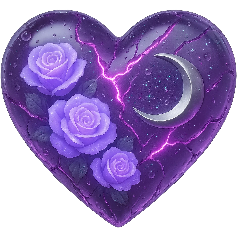 Create a gothic heart made of light purple glass with a silver crescent moon, glowing lavender roses, holographic stardust, neon pink lightning, drenched and splintered glass. The style should emulate the 3D emoji style with a transparent background. Please note the 3D emoji style does not support editing, so use the general style to capture the look and details. emoji