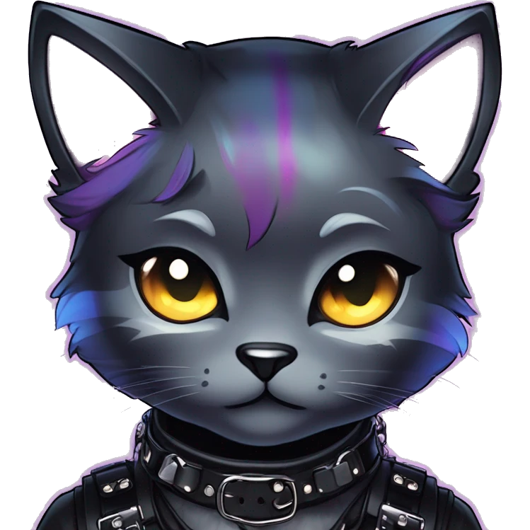 Gorgeous sparkly shiny colorful gradient gothic dark techwear anime style anthro cat with blushing face aesthetic and pretty edgy black with collar and harness trending style emoji