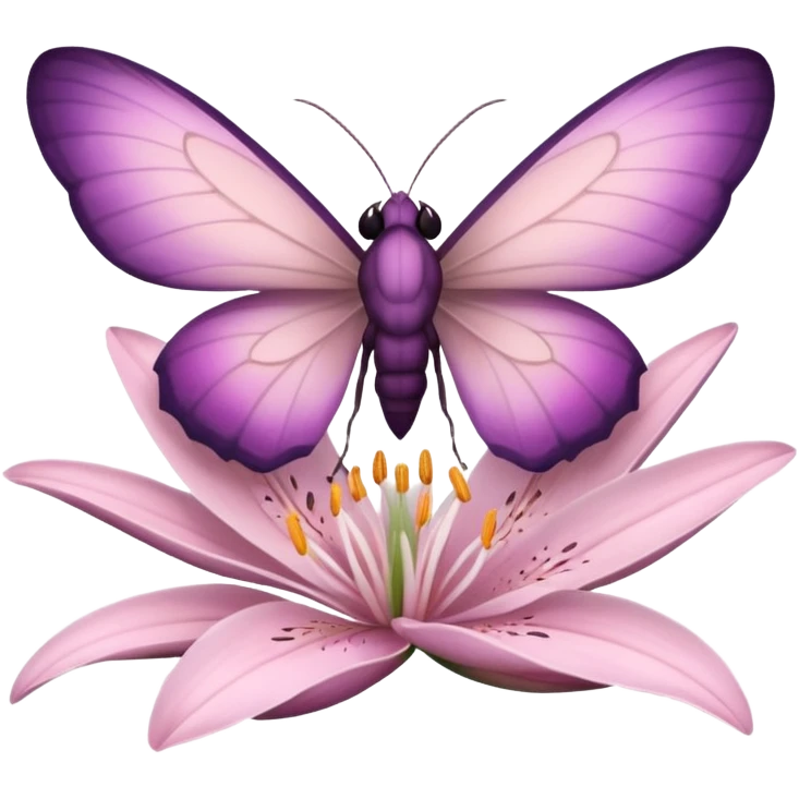 Композиция из моли и цветка — маленькая моль, сидящая на лепестке ночного цветка лилии. Цвета: пастельные, с акцентом на розовый и фиолетовый. Отражает гармонию с природой. emoji
