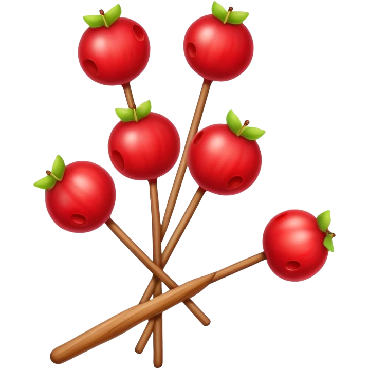 Candied hawthorn fruits on wooden stick Tanghulu, simplified emoji style with bold outlines and bright colors, cartoon style shiny red Chinese sweet emoji