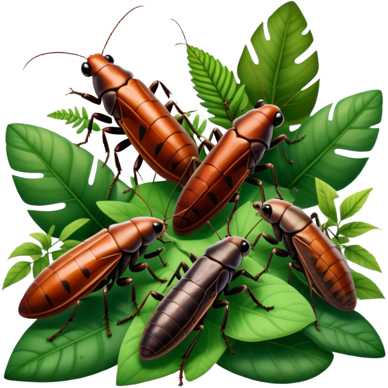 Close-up of giant Madagascar hissing cockroaches, butterflies, and stick insects in their natural habitat. The insects are shown in detail, highlighting their unique textures and colors, surrounded by plants and leaves. Soft lighting to enhance their features. Transparent background. emoji