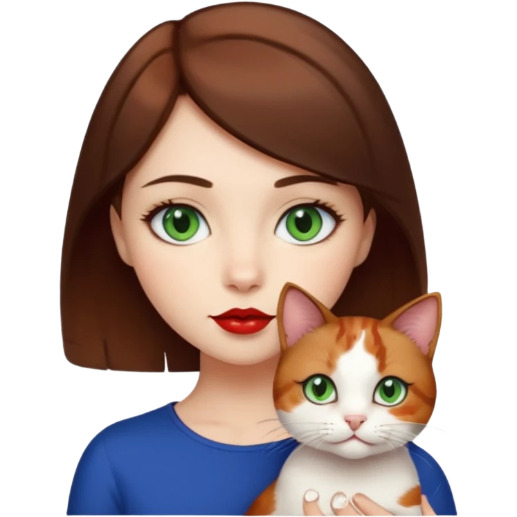 Short brown haired girl with dark blue eyes and red lips holding a calico cat with green eyes emoji