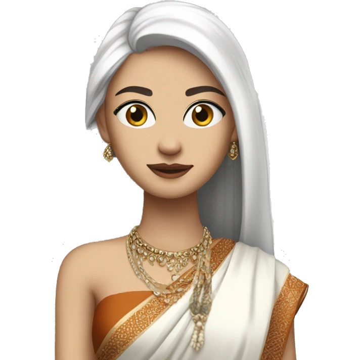 hair straight, white face colour, slender face, wearing a trendy saree and accessories, full body, sharp jawline, edgy emoji