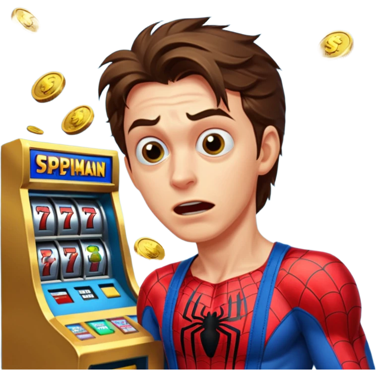 disheveled spiderman losing money at a slot machine, panicked face, coins flying emoji
