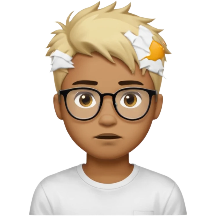 Teenager. Short buzz, messy blonde hair. Dark brown bushy eyebrows large expressive golden-brown eyes, brown skin color, scar over nose, wearing a plain white t-shirt. wearing clear thick black glasses. 20 year old male. wacky facial expression. brown skin color.  emoji