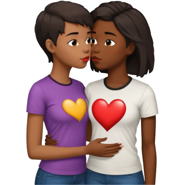 Black lesbian couple with one dark skin masculine with short haircut with a t shirt and one feminine with long hair in a blouse kissing emoji