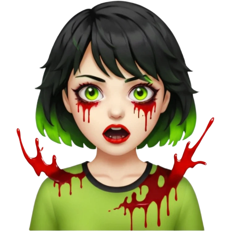 quero que você cria uma mulher, o rosto dela. nela, ela tem cabelo curto e ondulado(cabelo preto), tem franja. cor da pele é verde. os olhos arregalados e amarelos neon, e sai sangue deles. boca entreaberta e manchas de sangue na roupa.  emoji