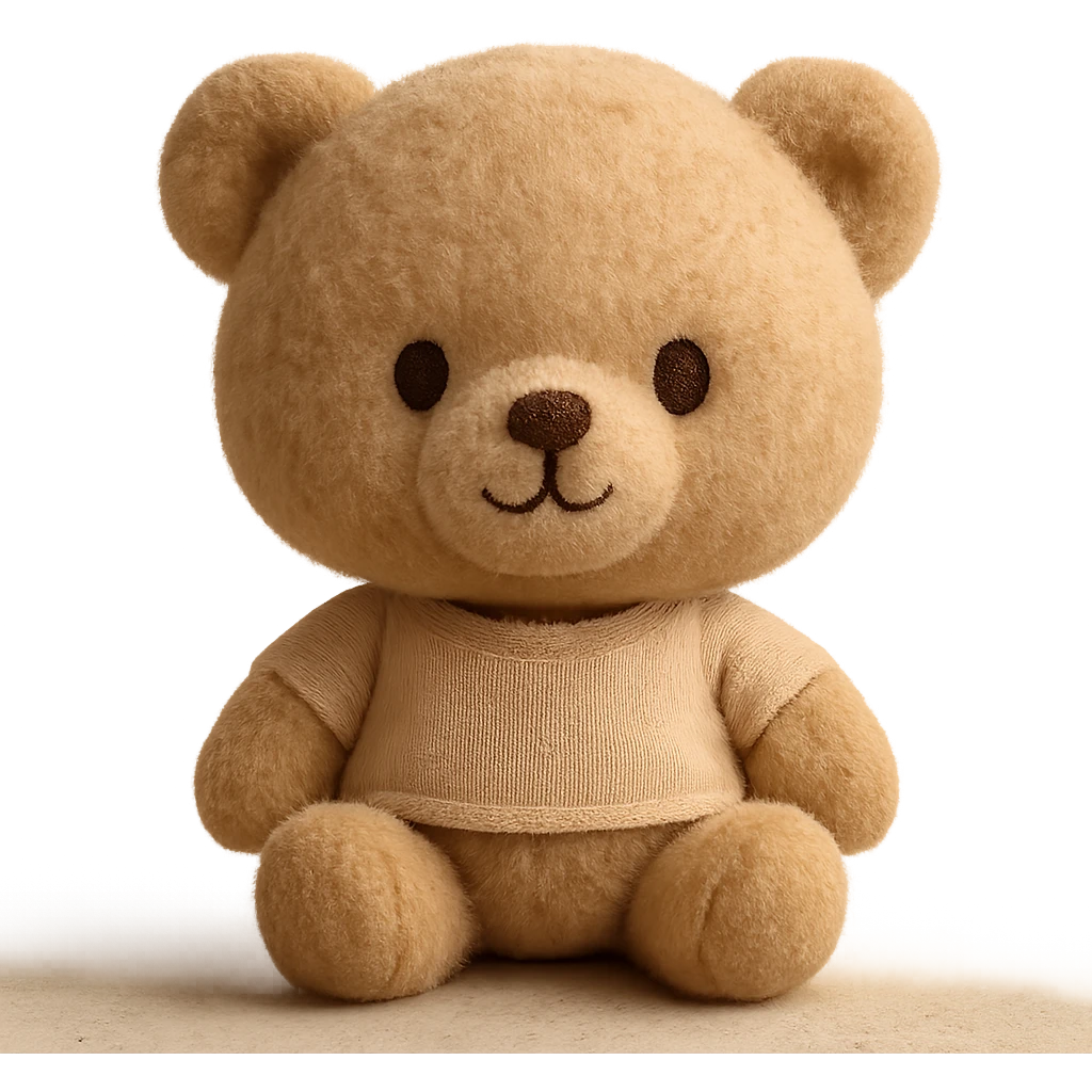 A cute teddy bear plush toy with embroidered eyes and nose, soft fuzzy texture, gentle stitching along the seams, and a warm, friendly expression emoji
