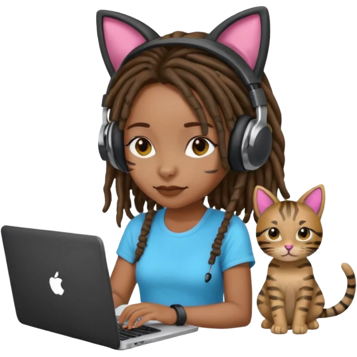 black girl with dreads who works remotely through a laptop with headphones that have plastic cat ears connected to the headphones.  emoji
