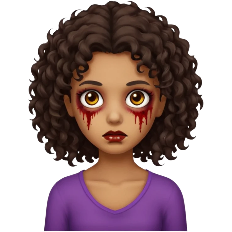 Faça uma garota zombie de cabelo cacheado castanho, olhos castanhos escuro e pele parda com o cabelo menos volumoso e no ombro emoji