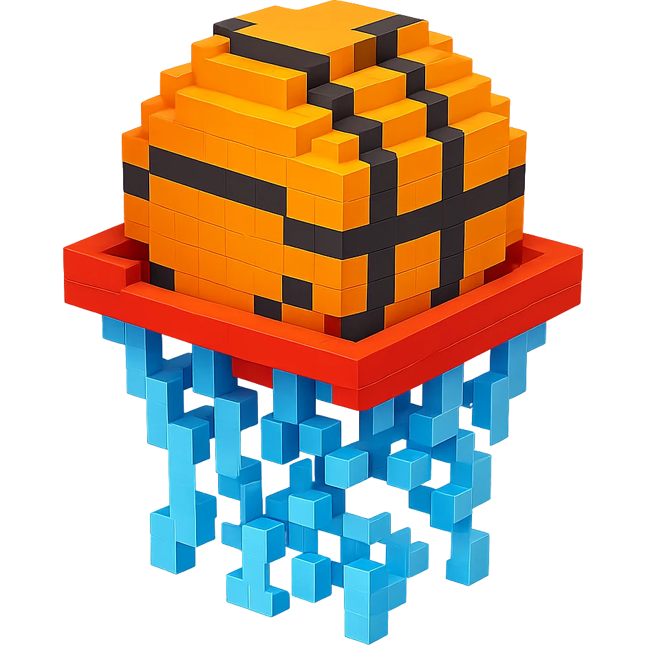 Voxel-style basketball in a net, variation 5 emoji