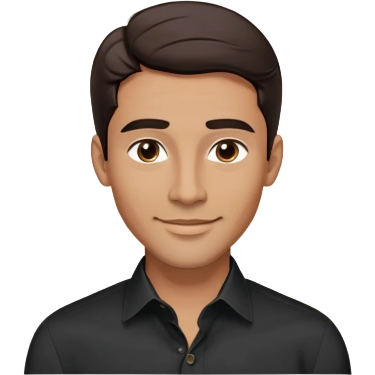 Attractive man in his 40s with youthful appearance, light brown skin, elongated face, defined jawline, handsome features, medium dark eyes, arched eyebrows, straight nose, confident smile, medium wavy dark hair, wearing a formal black button-up shirt emoji