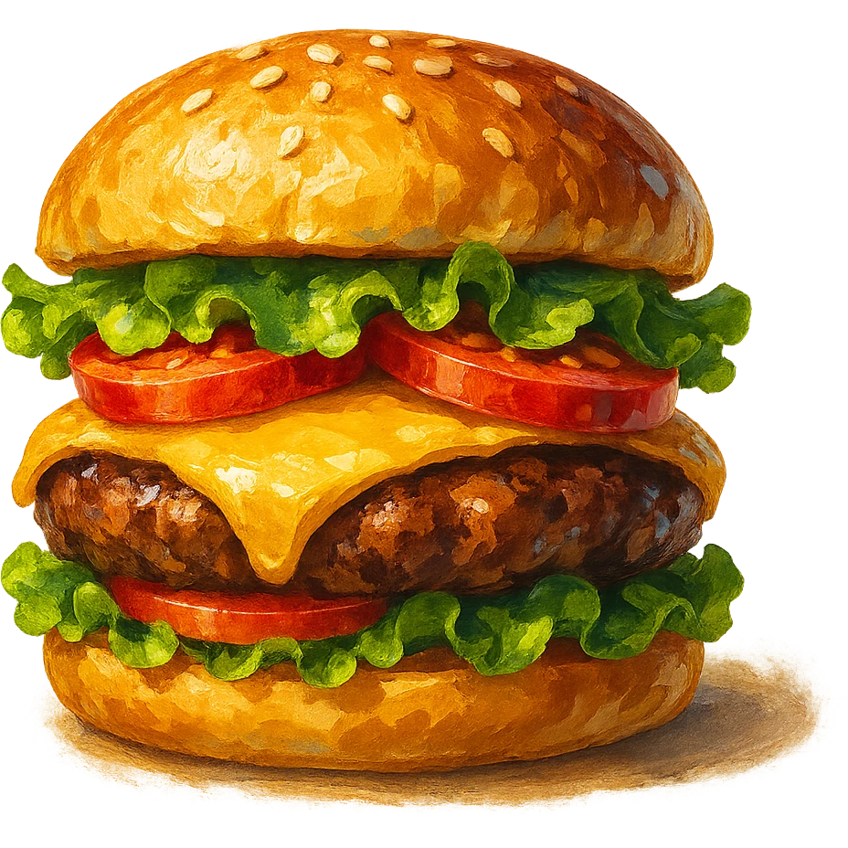 В слега рисованном, но при этом ярком и объемном стиле сгенерируй картинку сочного американского бургера, профессионально выставленный свет, который подчеркивает объем, прозрачный фон emoji