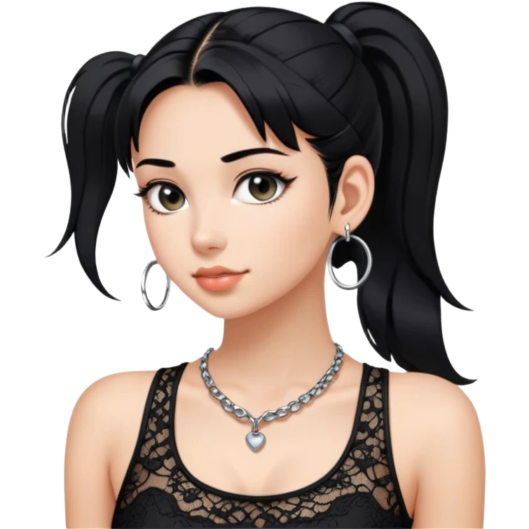 Y2K girl with black hair and ponytail black lace tank top silver hoop earrings and necklace  emoji