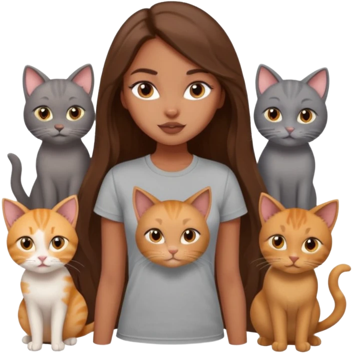 a pretty bratz dusky girl with long brown hair with six cats nd wearing a grey tshirt emoji