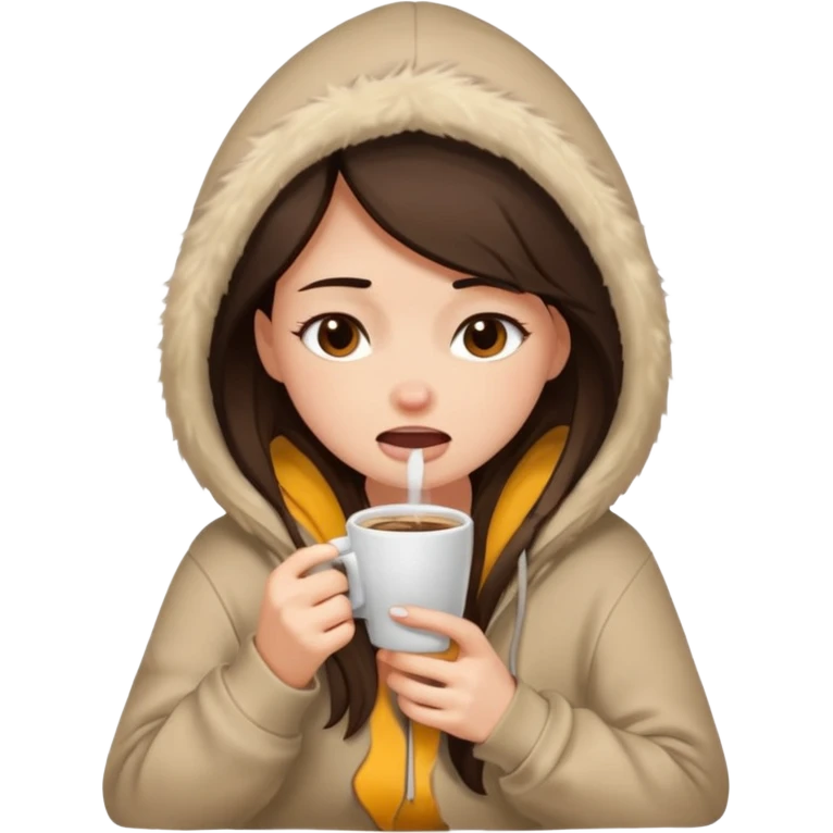 a brunette girl sitting cozily in a beige fur hoodie sipping coffee while crying emoji