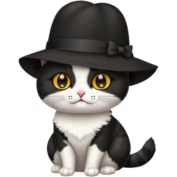 Chat blanc avec des tâches noir en costume, neud papillon et chapeau. emoji