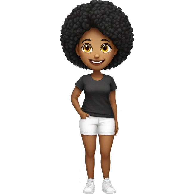 mulher, 54 anos, fath, feliz, cabelo liso preto, na altura do ombro, olhos castanhos, vestindo calça leg e camiseta  preta emoji