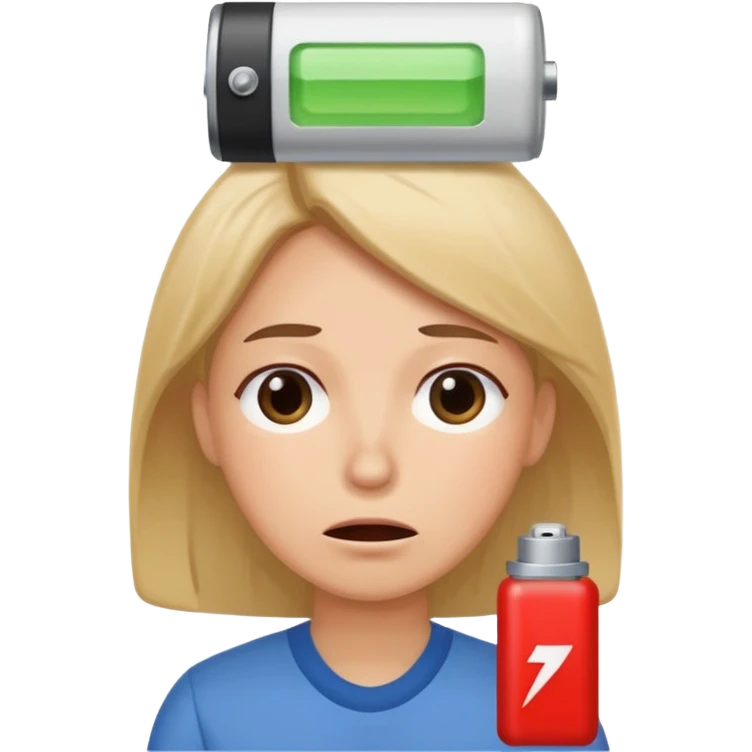 A kindergardenteacher with an empty battery icon above their head an exhausted and stressed face emoji