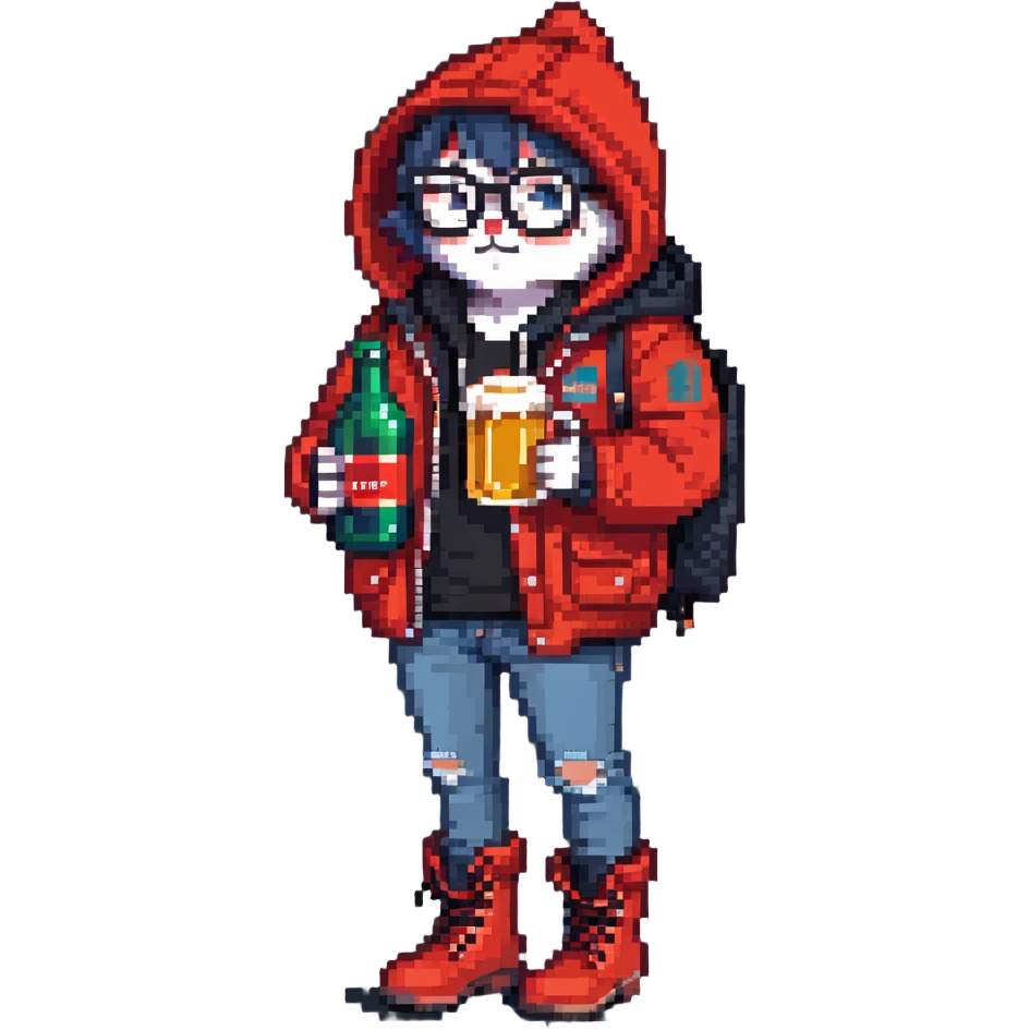 Catfish wearing red hooded winter jacket, round glasses, blue jeans, red boots, holding beer can with red label emoji