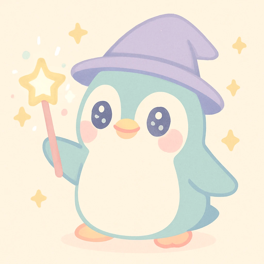 adorable penguin wizard casting a spell with sparkles, whimsical and cute emoji