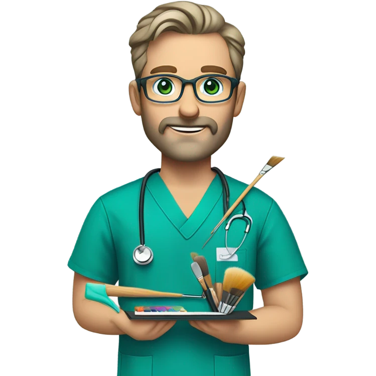 male dark blond with grey beard doctor with blue-green eyes and wire-rimmed glasses in teal scrubs holding a paintbrush and a paint palette emoji
