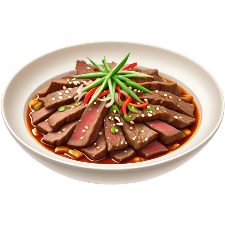 Bulgogi Cinematic Realistic Bulgogi Dish Emoji, depicted as thinly sliced, marinated beef stir-fried to perfection, rendered with dynamic textures and vibrant, appetizing lighting. emoji