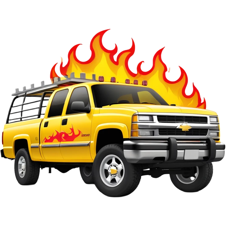 Bright yellow 1997 Chevy Silverado C-2500 Crew Cab with detailed red flame graphics on hood, 30-degree angle showing flames clearly, Kill Bill 'Pussy Wagon' truck, iOS emoji style emoji