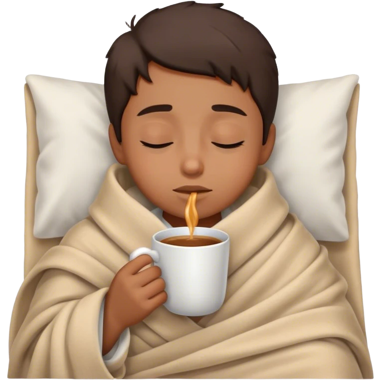 Little brown Boy inside a blanket sipping coffee Eyes Closed without bed emoji