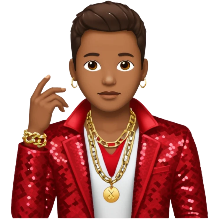Bobby Brown with dark brown hair, red sequin jacket, shirtless with necklace emoji