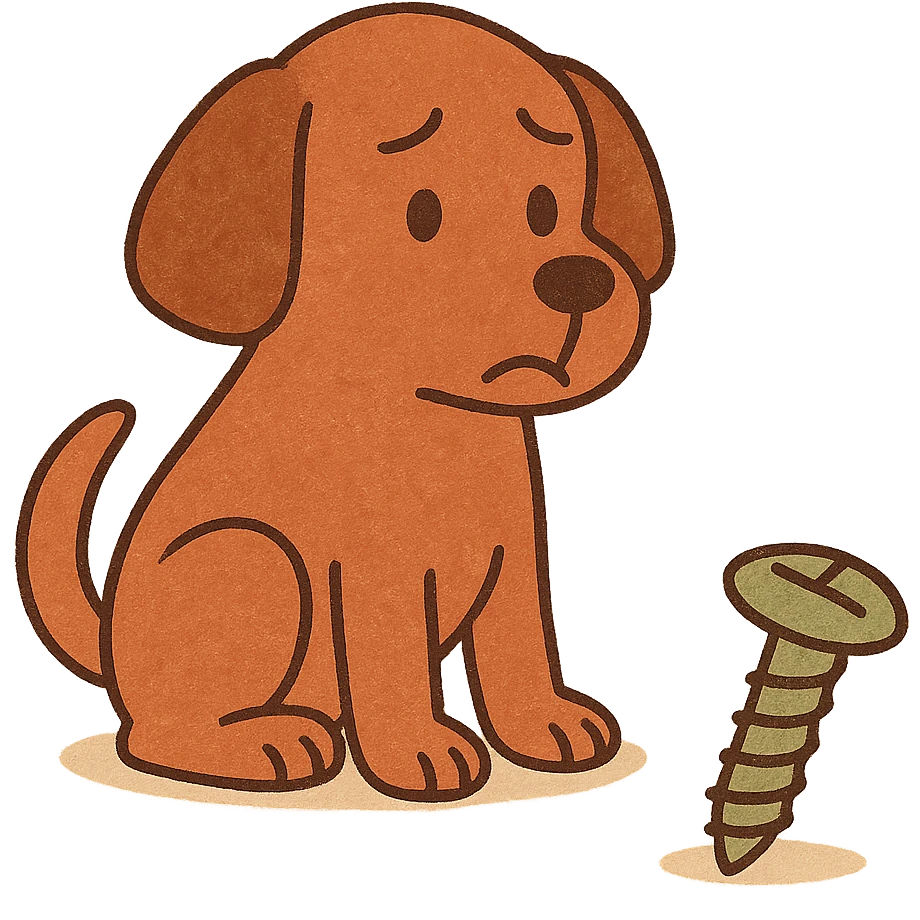 playful cartoon dog looking worriedly at a screw, visual pun for 'Don't screw the pooch' emoji