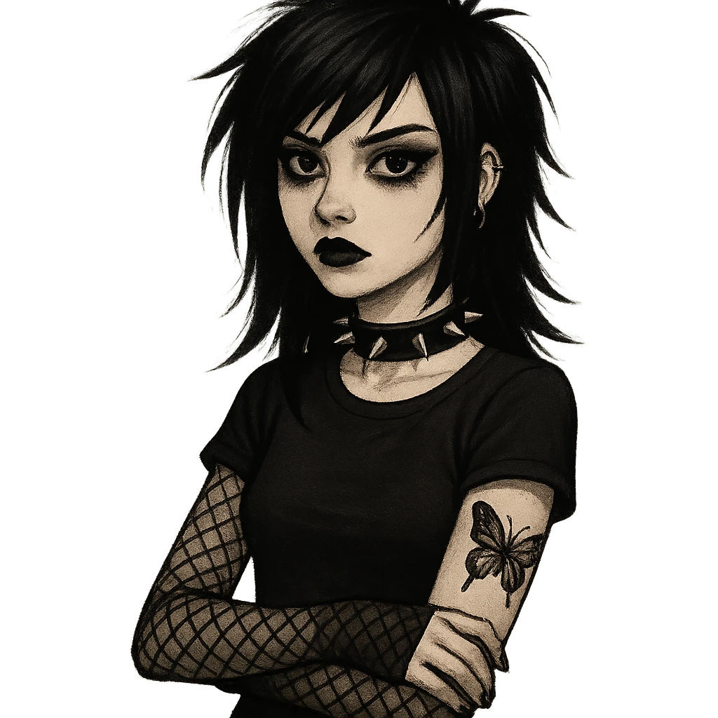 emo girl with spiked choker, fishnet sleeves, butterfly tattoo, gothic style emoji