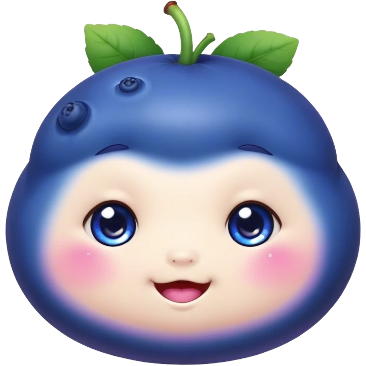 Cute Kawaii Blueberry, small and chubby, deep blue-purple with a tiny leafy crown, bright sparkling eyes, a soft round body, cute blushing cheeks, full of berry sweetness! emoji