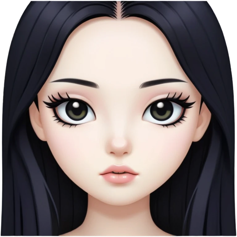 straight black long hair, korean pale skin skin, black iris, pretty bratz baddie, black eyeliner emoji