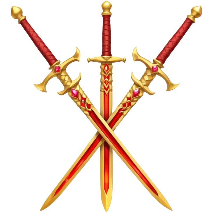 Two crossed swords that are golden in blade and handle and have fiery and royal appearence to them as well as red gem stones yellow in color emoji